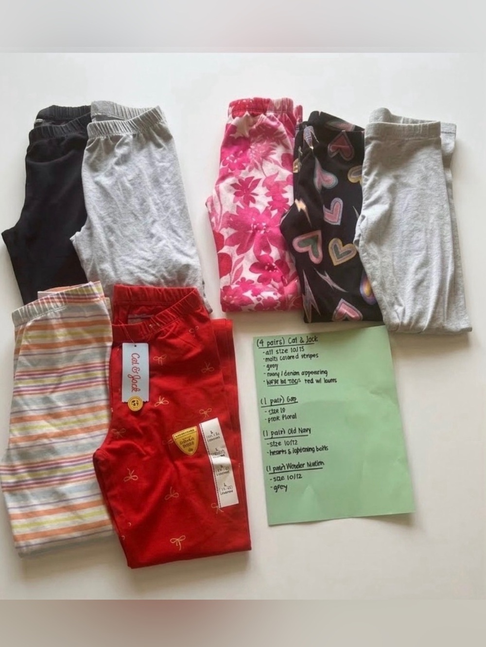 Girls size 10/12 legging bundle. 7 pairs. Hearts, Floral, Stripes, Solid Colors